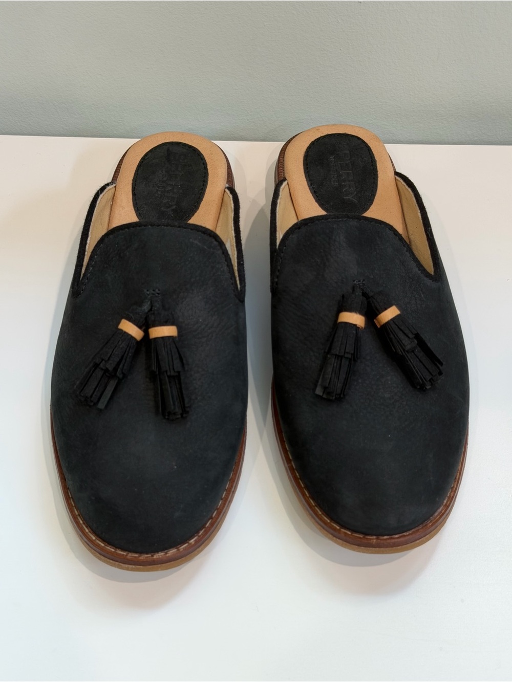 Sperry Top Sider Womens 7 Black Suede Tassel Loafer Mule Slip On Shoes Nautical